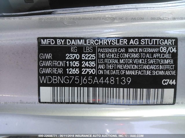WDBNG75J65A448139 - 2005 MERCEDES-BENZ S 500 SILVER photo 9