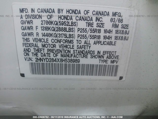 2HNYD284X8H538989 - 2008 ACURA MDX TECHNOLOGY WHITE photo 9