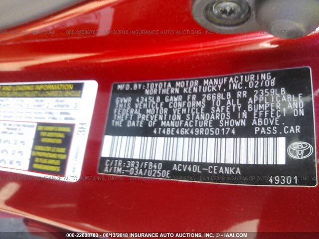 4T4BE46K49R050174 - 2009 TOYOTA CAMRY SE/LE/XLE RED photo 9