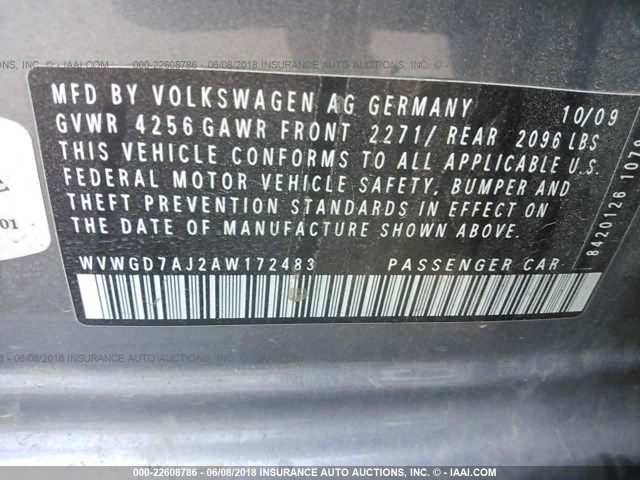 WVWGD7AJ2AW172483 - 2010 VOLKSWAGEN GTI GRAY photo 9