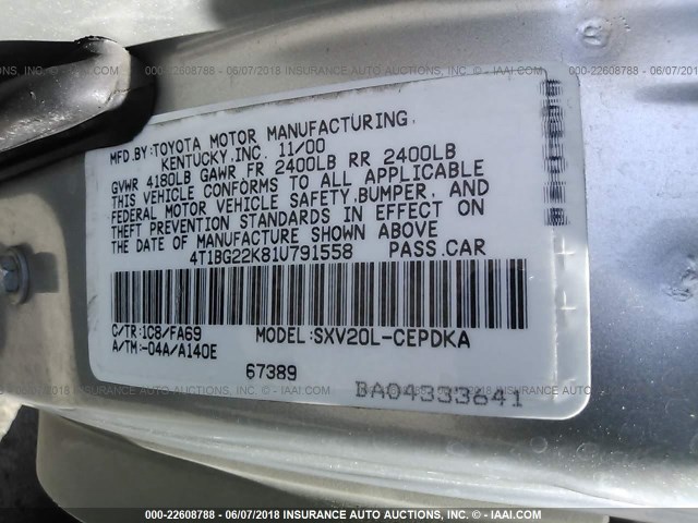 4T1BG22K81U791558 - 2001 TOYOTA CAMRY CE/LE/XLE 银色 照片 9