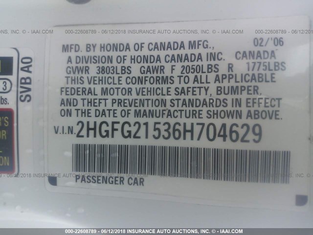 2HGFG21536H704629 - 2006 HONDA CIVIC SI WHITE photo 9