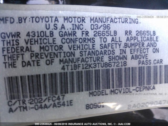 4T1BF12K3TU867218 - 1996 TOYOTA CAMRY LE/XLE/SE შავი ფოტო 9