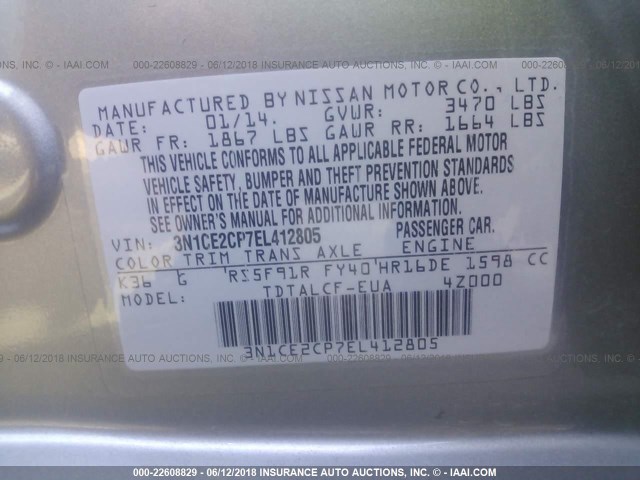 3N1CE2CP7EL412805 - 2014 NISSAN VERSA NOTE S/S PLUS/SV/SL GRAY photo 9