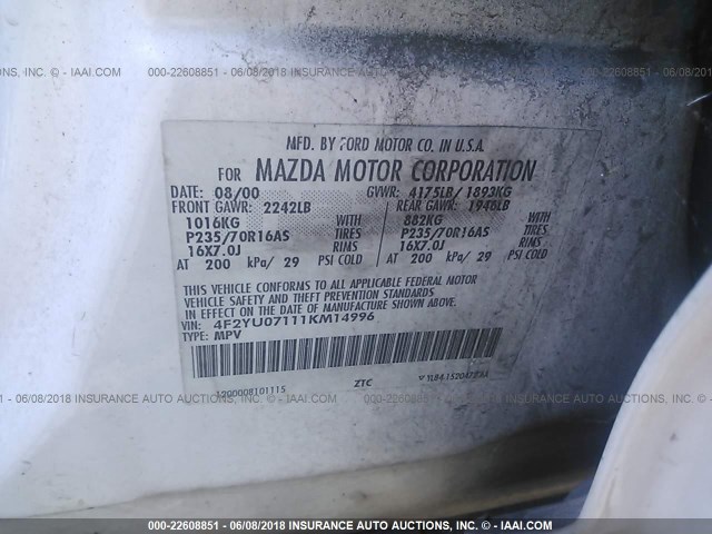 4F2YU07111KM14996 - 2001 MAZDA TRIBUTE DX WHITE photo 9