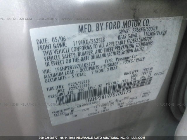 1FAHP28197G103173 - 2007 FORD FIVE HUNDRED LIMITED SILVER photo 9