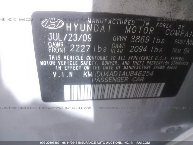 KMHDU4AD1AU846254 - 2010 HYUNDAI ELANTRA BLUE/GLS/SE WHITE photo 9