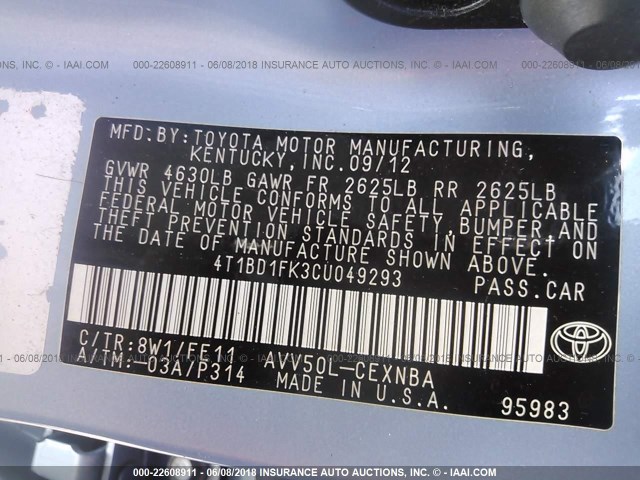 4T1BD1FK3CU049293 - 2012 TOYOTA CAMRY HYBRID/LE/XLE 浅蓝色 照片 9