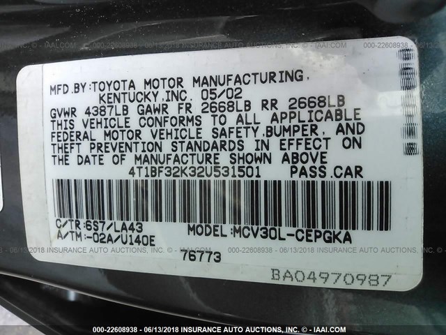 4T1BF32K32U531501 - 2002 TOYOTA CAMRY LE/XLE/SE Dəniz mavisi foto 9