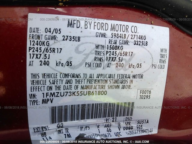 1FMZU73K55UB61800 - 2005 FORD EXPLORER XLT/XLT SPORT/NBX 栗色 照片 9