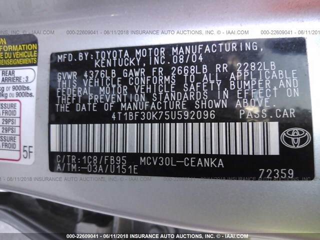 4T1BF30K75U592096 - 2005 TOYOTA CAMRY LE/XLE/SE ვერცხლისფერი ფოტო 9
