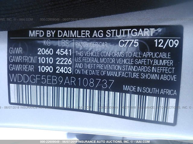 WDDGF5EB9AR108737 - 2010 MERCEDES-BENZ C 300 SILVER photo 9