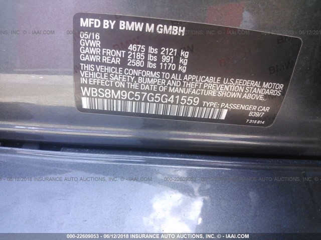WBS8M9C57G5G41559 - 2016 BMW M3 GRAY photo 9