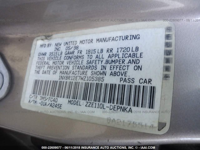 1NXBR12E7WZ105385 - 1998 TOYOTA COROLLA VE/CE/LE 棕色 照片 9