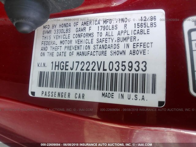 1HGEJ7222VL035933 - 1997 HONDA CIVIC HX RED photo 9