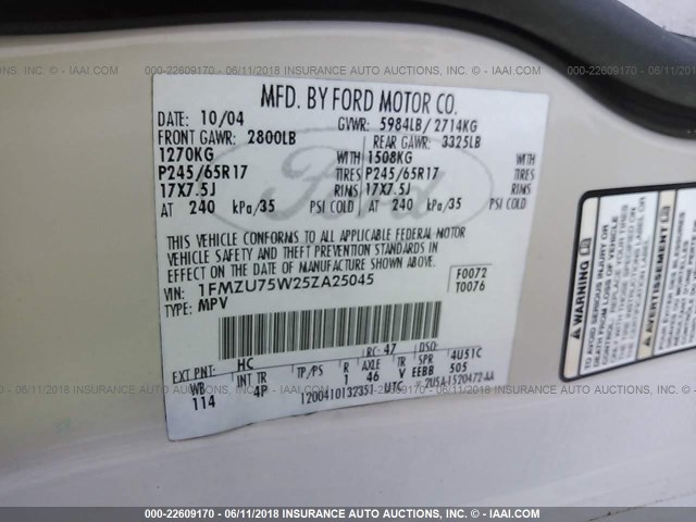 1FMZU75W25ZA25045 - 2005 FORD EXPLORER LIMITED 白色 照片 9