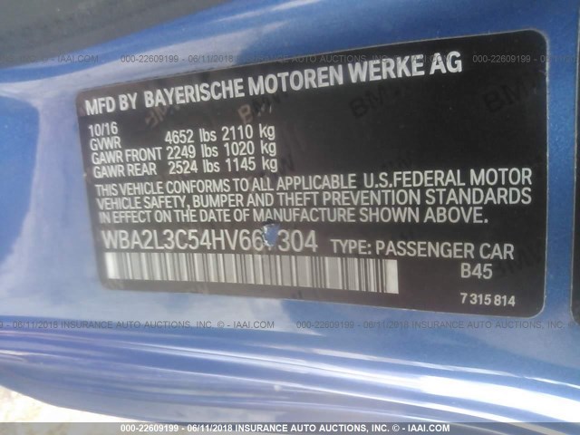 WBA2L3C54HV667304 - 2017 BMW M240XI BLUE photo 9