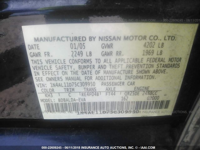 1N4AL11D75C309950 - 2005 NISSAN ALTIMA S/SL BLACK photo 9