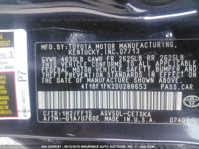 4T1BF1FK2DU288653 - 2013 TOYOTA CAMRY L/SE/LE/XLE 黑色 照片 9