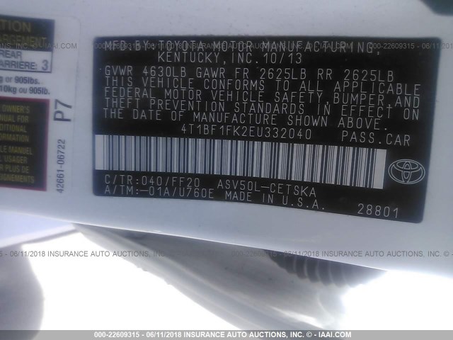 4T1BF1FK2EU332040 - 2014 TOYOTA CAMRY L/SE/LE/XLE 白色 照片 9