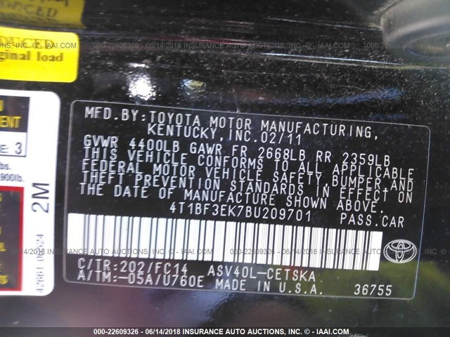4T1BF3EK7BU209701 - 2011 TOYOTA CAMRY SE/LE/XLE 黑色 照片 9