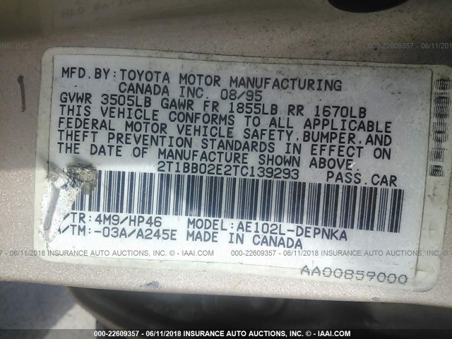 2T1BB02E2TC139293 - 1996 TOYOTA COROLLA DX TAN photo 9