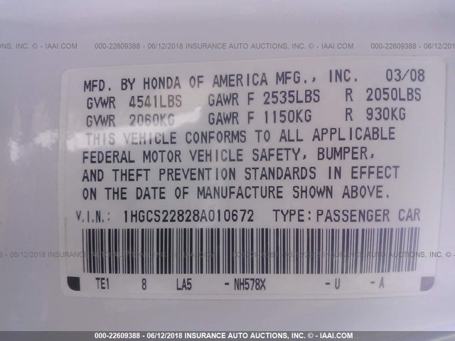 1HGCS22828A010672 - 2008 HONDA ACCORD EXL WHITE photo 9