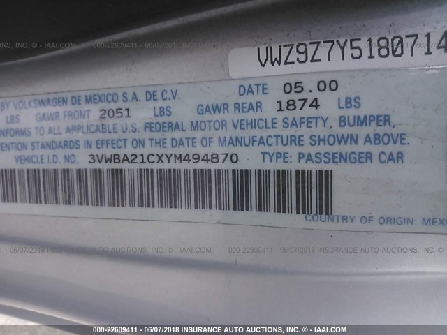 3VWBA21CXYM494870 - 2000 VOLKSWAGEN NEW BEETLE GL 银色 照片 9