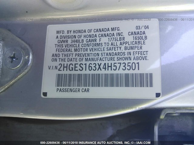 2HGES163X4H573501 - 2004 HONDA CIVIC DX VP ვერცხლისფერი ფოტო 9