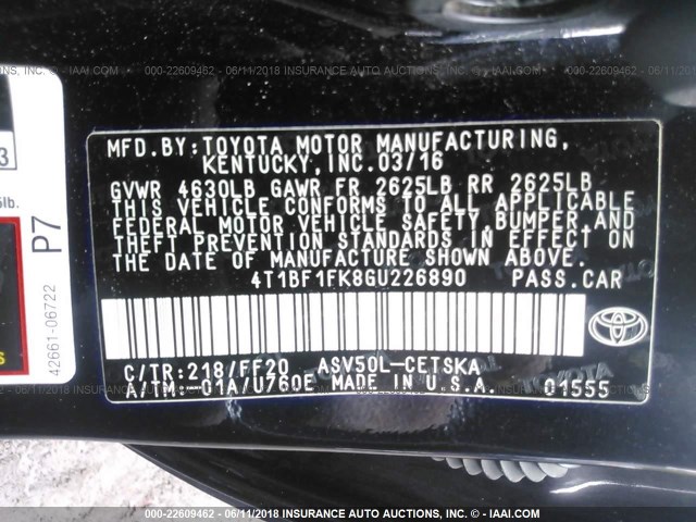 4T1BF1FK8GU226890 - 2016 TOYOTA CAMRY LE/XLE/SE/XSE BLACK photo 9