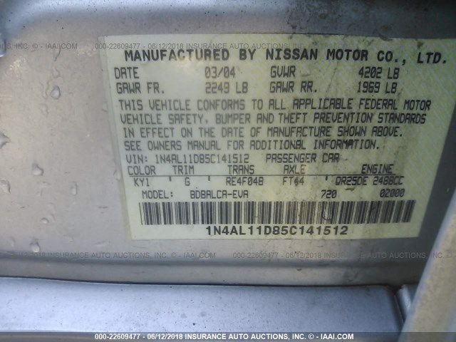 1N4AL11D85C141512 - 2005 NISSAN ALTIMA S/SL SILVER photo 9