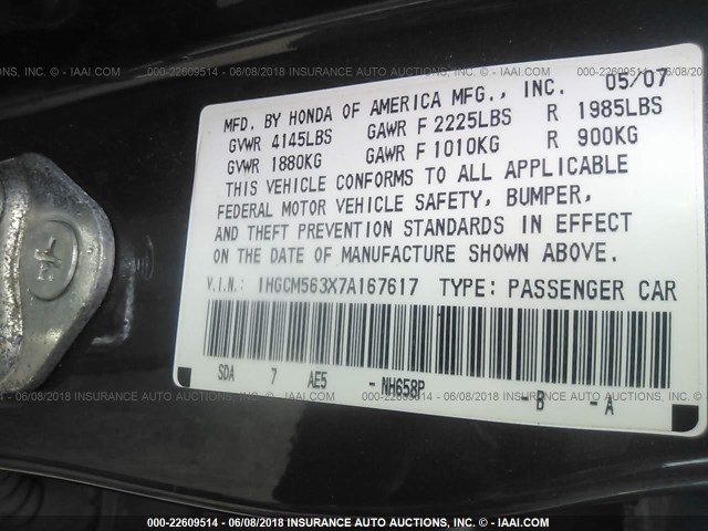 1HGCM563X7A167617 - 2007 HONDA ACCORD SE GRAY photo 9