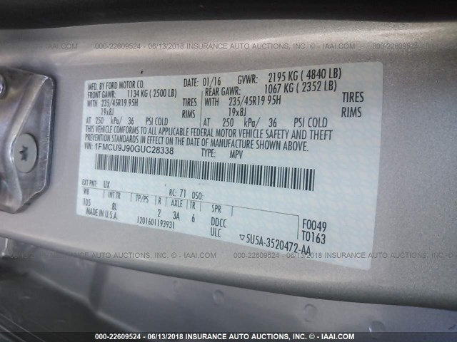 1FMCU9J90GUC28338 - 2016 FORD ESCAPE TITANIUM SILVER photo 9