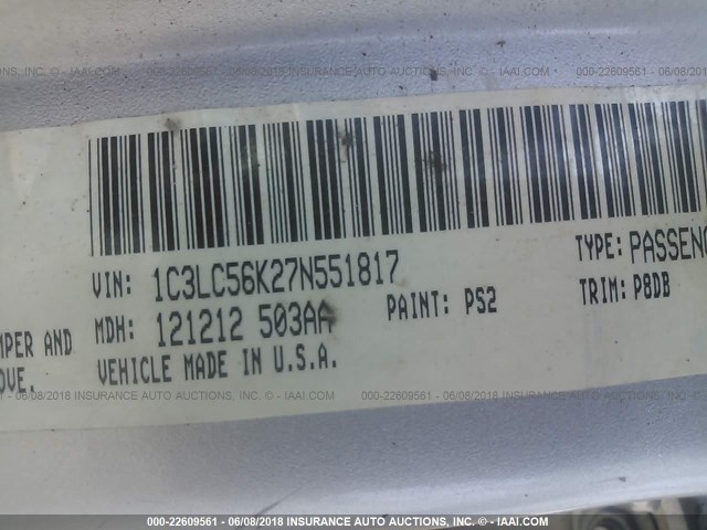 1C3LC56K27N551817 - 2007 CHRYSLER SEBRING TOURING SILVER photo 9