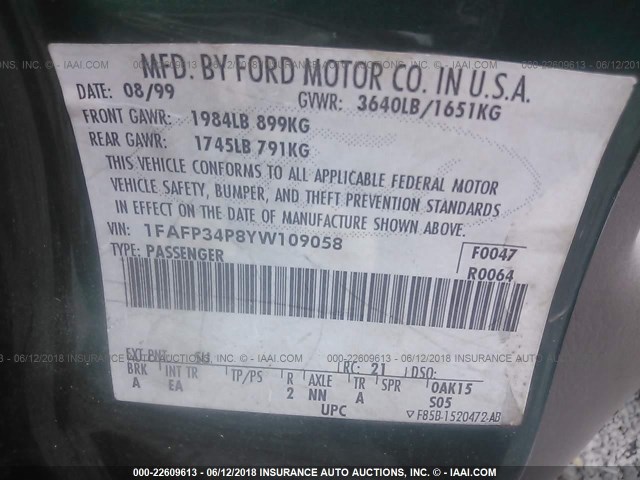 1FAFP34P8YW109058 - 2000 FORD FOCUS SE/SE COMFORT GREEN photo 9