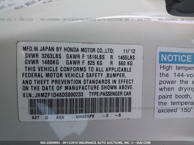 JHMZF1D48DS000233 - 2013 HONDA CR-Z WHITE photo 9