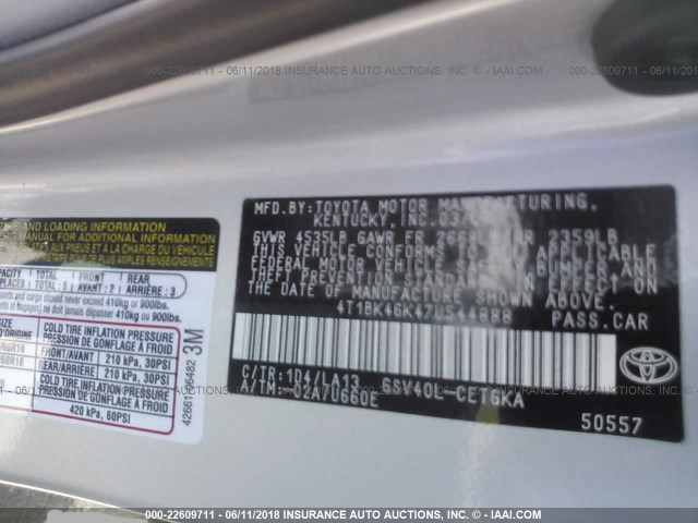 4T1BK46K47U544888 - 2007 TOYOTA CAMRY NEW GENERAT LE/XLE/SE SILVER photo 9