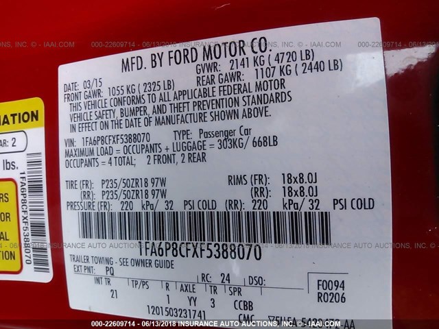 1FA6P8CFXF5388070 - 2015 FORD MUSTANG GT RED photo 9