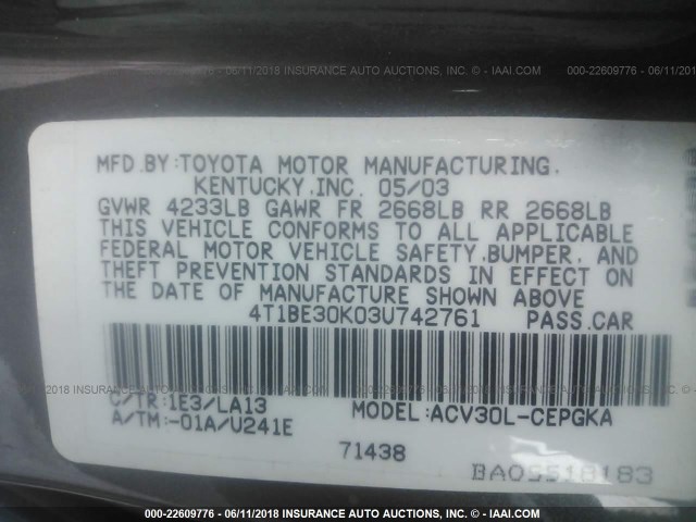 4T1BE30K03U742761 - 2003 TOYOTA CAMRY LE/XLE/SE ნაცრისფერი ფოტო 9