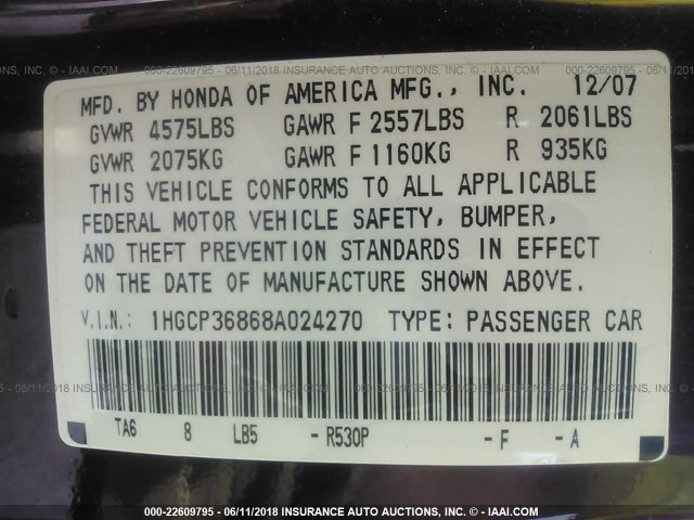 1HGCP36868A024270 - 2008 HONDA ACCORD EXL RED photo 9