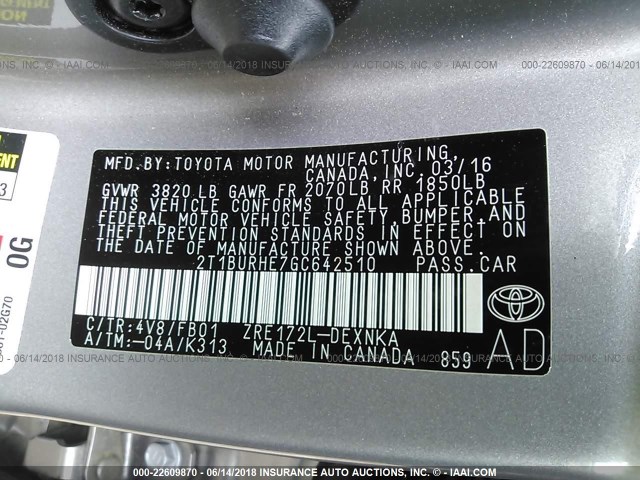 2T1BURHE7GC642510 - 2016 TOYOTA COROLLA L/LE/LE PLS/PRM/S/S PLS Pewter photo 9