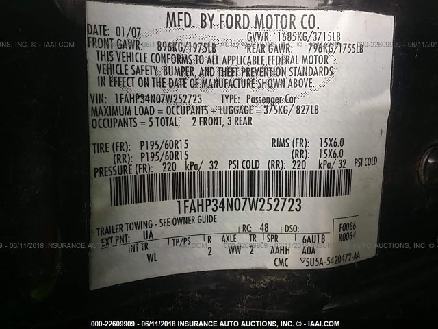 1FAHP34N07W252723 - 2007 FORD FOCUS ZX4/S/SE/SES 黑色 照片 9