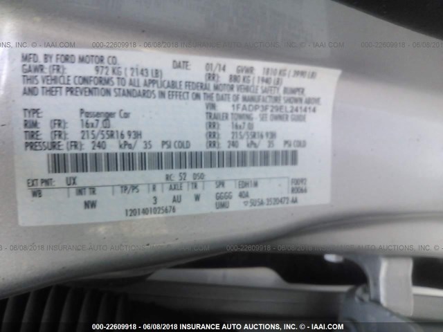 1FADP3F29EL241414 - 2014 FORD FOCUS SE SILVER photo 9