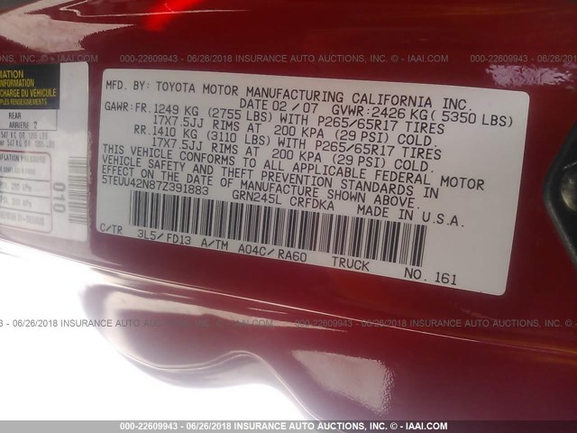 5TEUU42N87Z391883 - 2007 TOYOTA TACOMA ACCESS CAB Қызыл фото 9