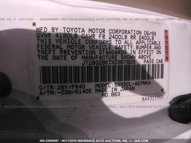JT2BG28K7X0367809 - 1999 TOYOTA CAMRY LE/XLE 白色 照片 9