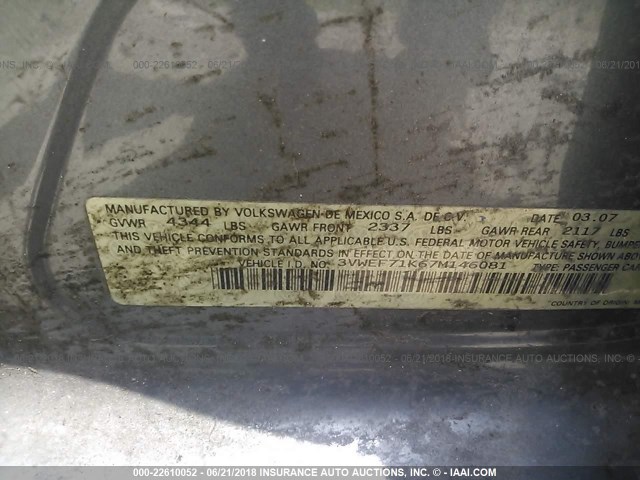 3VWEF71K67M146081 - 2007 VOLKSWAGEN JETTA WOLFSBURG 灰色 照片 9
