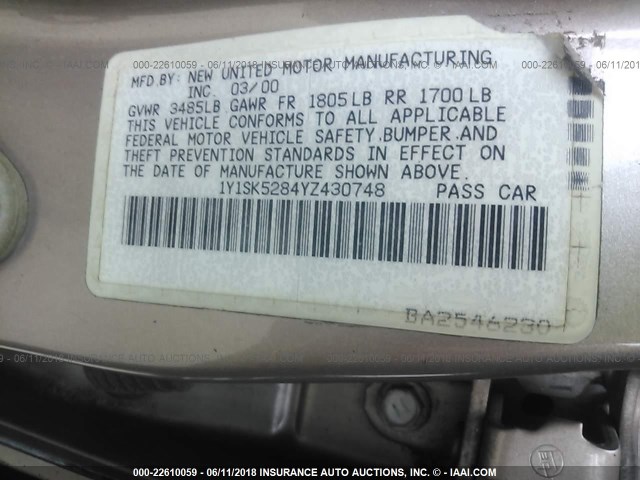 1Y1SK5284YZ430748 - 2000 CHEVROLET GEO PRIZM LSI TAN photo 9