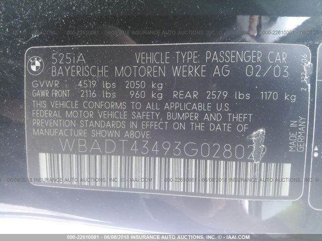 WBADT43493G028029 - 2003 BMW 525 I AUTOMATIC 黑色 照片 9