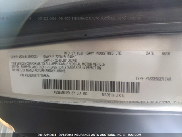 4S3BL616777203684 - 2007 SUBARU LEGACY 2.5I SILVER photo 9