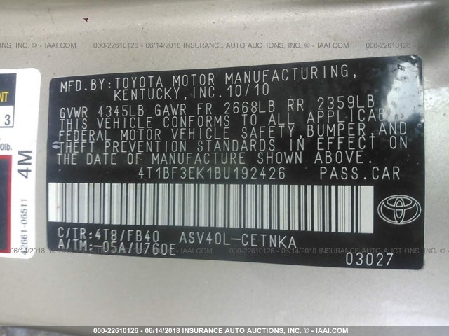 4T1BF3EK1BU192426 - 2011 TOYOTA CAMRY SE/LE/XLE 金色 照片 9